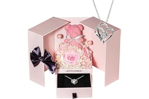 JoyFlower Preserved Flowers Bear with Necklace Gifts for Girlfriend, Unique Pearl Rose Bear Necklace Birthday Gifts, Eternal Roses Anniversary Mother's Valentine's Day Gift for Mom Women Wife Her