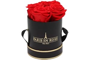PARIS EN ROSE Rosenbox | mit 4 roten Infinity Rosen Größe XL | konservierte ewige Rose |runde Schwarz-Goldene Box | 3 Jahre haltbar | Grußkarte