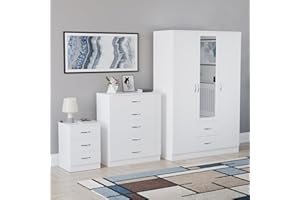 Vida Designs Riano 3 Piece Bedroom Set - 3 Drawer Bedside Chest, 5 Drawer Chest, 3 Door 2 Drawer Mirrored Wardrobe - White