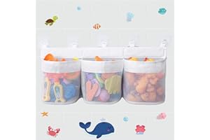 BITOYO Bath Toy Storage Net, Hanging Bath Toy Tidy Organiser and Bath Toy Holder with 3 Pockets, Bathtub Toy Storage and Classification, Bath Toy Storage Basket with Bath Stickers for Baby
