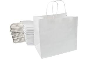 Extiff Lot de 50 Sacs Cabas Blanc en Papier Kraft avec Poignées -26 x 17 x 24 cm Sac de Courses/Emballage cadeau pour Anniversaire, Noël, Mariage...
