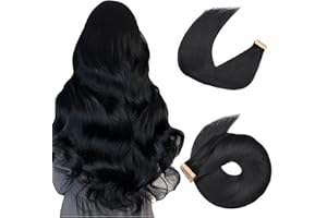 HotLulana Extensiones Adhesivas Pelo Humano Negro Intenso Real Remy Extensiones de Cabello Natural Adhesivas Liso Sin Costuras Tape Hair Extensions Skin Weft Hair Extension 20pcs 50g 55cm 22Pulgada.