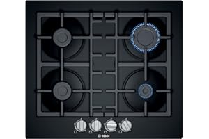 Bosch Home & Kitchen Appliances Bosch PNP6B6B90 Serie 4, Built-in Gas Hob with Black Tempered Glass, 4 hobs and Cast Iron Pan Support 60cm
