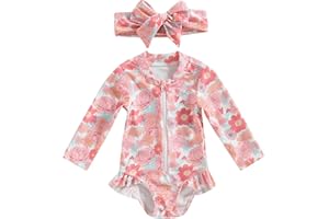 Caziffer Maillot Une Pièce Bébé Fille Imprimé Fleurs Maillots de Bain à Manche Longue Vêtement de Plage Bébé Swimwear pour Bébé Fille 0-7 Ans