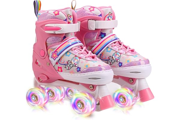 Patins à roulettes Fille, Roller Enfant avec 4 Roues Lumineuses, Taille Ajustable, sécurité 3 Points, Rollers Quad pour Filles, garçons et débutants