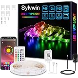Sylvwin Striscia Led 10m,Strisce Led 10 metri RGB con Funzione Musicale,24 Tasti Telecomando e app Bluetooth,Nastri Led SMD 5