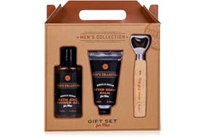 Accentra Zestaw upominkowy MEN'S COLLECTION w pudełku prezentowym z papieru typu kraft z uchwytem, w zestawie żel do kąpieli i żel pod prysznic, 60 ml balsam po goleniu i otwieracz do butelek z