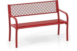 COSTWAY Panchina da Esterno 2-3 Posti, Panca in Metallo con Schienale Motivo Geometrico, Braccioli e Seduta a Doghe, Sedia Moderna per Parco, Cortile e Giardino (Rosso, 127 x 56 x 82 cm)