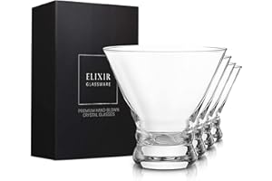 Elixir Glassware Stemless Martini Glasses Set of 4 - Hand Blown Crystal Martini Glasses - Elegant Cocktail Glasses for Bar, Martini, Cosmopolitan, Manhattan, Gimlet, Pisco Sour 9oz, Clear