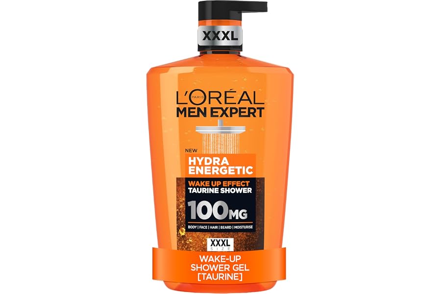 L'Oréal Men's Shower Gel, Men Expert Hydra Energetic 3-in-1 XXXL Body Wash 1L Pump, Instant Wake-Up Effect, Energising Face &