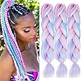 Colorfulpanda Hair Extensions for Braiding Mixed color,Yaki Synthetic Easy Jumbo Braids Pre-stretched African Box Braided hair 3pc/pack 24 inches,White/Pink/Light Blue/Light Purple