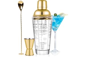 SAVORLIVING Set di shaker da cocktail in vetro da 14 once, Mixer Shaker Margarita con colino, misuratore e cucchiaio, Set di strumenti da bar professionali per barman e principianti (Oro, 3PCS)