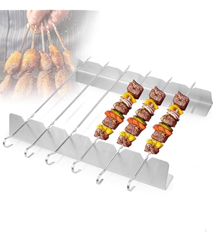 Onlyfire Grill Spiesen Met Rack - Roestvrij Staal Kebab Set - 6 Lange Kabob Spiesen Voor Vlees, Garnalen, Kip, Groente - Barbecue Shish Kebab Set - Zilver Onlyfire Grill Spiesen Met Rack - Roestvrij Staal Kebab Set - 6 Lange Kabob Spiesen Voor Vlees, Garnalen, Kip, Groente - Barbecue Shish Kebab Set - Zilver