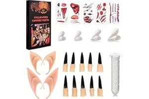 GILLTERWAY Vampire Teeth Set, Vampire Cosplay, con 4 Sizes Vampire Fangs, 2 Pairs Elf Ears and Halloween Nails, Temporary Tattoos, Full Set Vampire Costume, for Women and Men Cosplay Costume Party Accessory