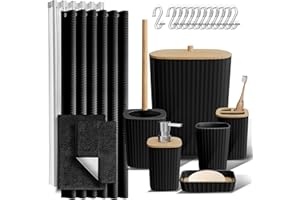 Clara Clark Bathroom Accessories Set - Bathroom Accessory Set with Shower Curtain Set, Toilet Brush, Trash Can & Soap Dispenser & Rugs (Black, Complete Set + Bath Rugs)