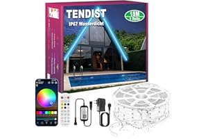 TENDIST 15M IP67 Ruban LED Etanche Exterieur, RVB 24V LED Bande Exterieur Smart Synchronisées avec la Musique, LED Ruban Couleur Imperméable Auto-adhésive pour Jardin, Patio, Terrasse