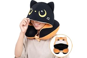 ‎MEWAII Mewaii Nackenkissen für Reisen, beidseitige Kissen für Erwachsene, Memory-Schaum Nackenkissen für Flugzeuge, umkehrbares Flugkissen mit Katzenkapuze, Verstellbarer Riemen