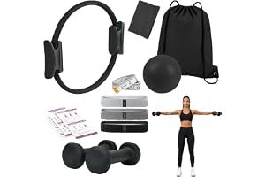 Relaxdays Pilates-set, 11 delar, färgval | Ring, boll, 4 motståndsband, 2 hantlar, väska, pump, måttband, pilatestillbehör för hemmet