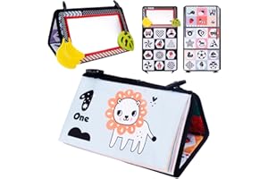 Joyfia Baby Spiegel, Faltbarer Spiegel Spielzeug mit Knisterbuch, Beißringen, Schwarz Weiß Hohem Kontrastmuster, Kinderspiegel Spielzeug Geschenk für Neugeborene Jungen Mädchen 0-12 Monate