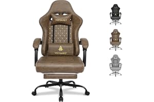 Vittanly Fotel gamingowy z poduszką wiosenną, ergonomiczny fotel gamingowy z zagłówkiem, poduszką lędźwiową i podnóżkiem, obrotowy fotel gamingowy z regulacją wysokości, 150 kg, brązowy