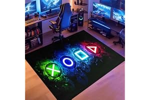 kodhyvj Gaming Area Rug, Black, 119 x 99 cm (Rectangular), Game Controller Pattern, Water Resistant, Machine Made, Polyester, Area Rug, Living Room, Bedroom