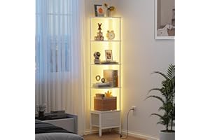 OYRREU Book Shelf with Drawer and LED Light, 5 Tier Tall Corner Shelf Unit, Bookcase for Living Room Bedroom, Narrow Shelving Unit with Fabric Drawer, White