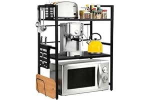 Ninmaofly 3 Tier Expandable Microwave Oven Rack, Microwave Shelf Stand Metal with 6 Hooks, Adjustable Kitchen Shelf Organizer for Countertop, Space Saving Baker Racks Black