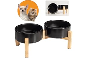 PTOBER Comedero Perro Elevado Comedero Perros - Comedero y Bebedero Perro Ceramica - Cuenco Perro Doble con Soporte de Bambú - Platos para Perros - Bol Comida y Agua para Gatos y Perros Pequeños - 2 x 480 ml