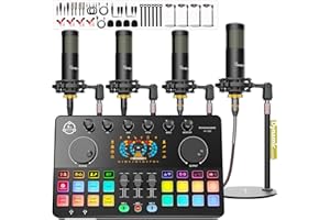 HAYNER-SEEK Podcast Equipment Bundle for 4, Audio Interface with 4 Dynamic Microphone, 4 Desktop Mic Stands, Voice Change,RGB, DJ Mixer for Vocal Recording Podcasting,Streaming,Singing TikTok,COMMANDER M100 3rd