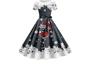 WVONIF Robe de Noël Femme Drôle Rudolph Renne Imprimé Robe Noel Rigolo Impression de Verre à Vin Dress Décontracté Vintage Année 50s pin-up Rockabilly Swing à Pois Manches Courtes Robes de Cocktail Soirée