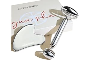‎RENA CHRIS Rena Chris Gua Sha i Wałek do Twarzy ze Stali Nierdzewnej, Ręczny Masażer Twarzy i Narzędzie GuaSha, Kształtowanie Linii Szczęki i Zmniejszanie Obrzęków, Prezent do Pielęgnacji Skóry (Srebrny)