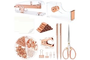 QPENGUINBABIES Forniture per ufficio in oro rosa, accessori da scrivania in oro rosa, set di cucitrice e dispenser di nastro con pinzatrice, dispenser di nastro, rimozione graffette, graffette, clip, forbici, penna