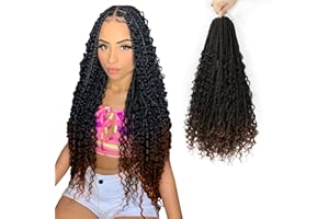 FIRSTCYH HAIR Boho Box Braids Crochet Hair with Curly Hair Pre Loop Long Black Messy Goddess Box Braids Extensions de cheveux pour femmes noires (45.72 cm (Lot de 8), 1B/30#)