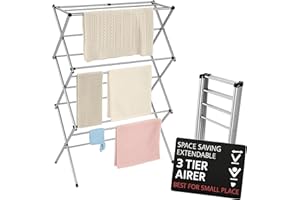 UR CHOICE 3-Tier Foldable Clothes Airer Drying Rack, 12M Indoor & Outdoor Clothes Horse with 11 Thickened Poles | Space Saving Laundry Stand for Towels & Garments | 20kg Load, 73×37×115cm
