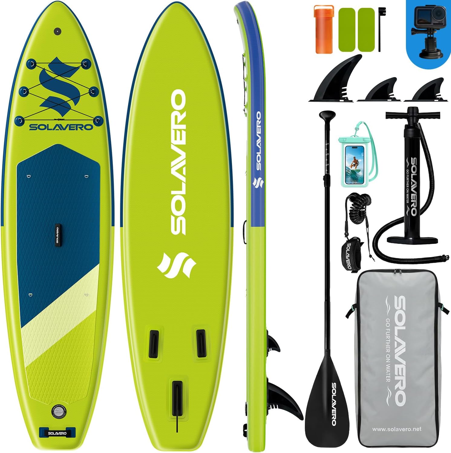 SOLAVERO Tabla Paddle Surf Hinchable, 323 x 83 x 15 cm Sup con Antideslizante EVA Deck, Paleta Ajustable, Soporte para Cámara, Quillas, para Todos los Niveles de Habilidad, hasta 200 kg