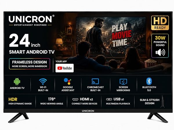 24 inch smart tv Android Frameless HD LED TV | WiFi Enabled | Built-in Apps Compatible (YouTube, Netflix, Prime Video) | HDMI, USB Connectivity | Screenmirror |