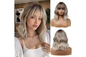 Esmee Kort Ndulé blond Bob-peruk med lugg, 36 cm, naturlig, syntetisk, värmebeständig, för kvinnor, med mörka rötter, för fes