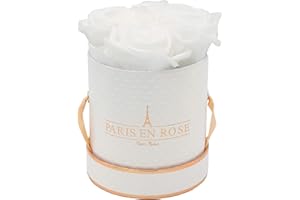 PARIS EN ROSE Rosenbox DELUXE | mit 4 weißen Infinity Rosen Größe XL | konservierte ewige Rose | runde Weiß-Roségold Box | 3 Jahre haltbar | Grußkarte