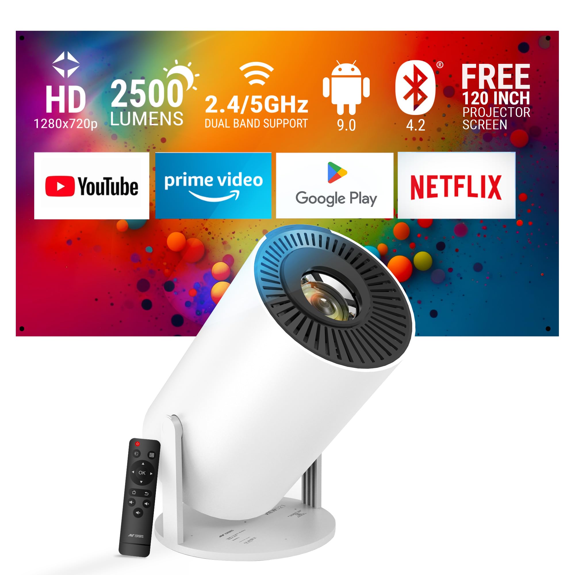 Ant Esports View 521 LED 720P Native & 4K Support I 2500 Lumens I WiFi + BT, Android 9 I HDMI/USB I Upto 130
