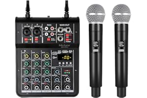 Micfuns M4pro Table de mixage audio 4 canaux avec double micro sans fil, console MP3 Bluetooth 48 V, alimentation fantôme USB, mixage DJ pour maison, karaoké, fête, ordinateur, studio d'enregistrement