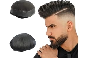 N.L.W. N.L.W Peluca Natural Hombre 100% Cabello Humano Toupet Hombre Swiss Lace with PU Around Tupé natural para hombre （#1B 10 * 7)