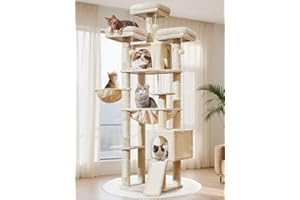 Taoqimiao Cat Tree, 193 CM Cat Tower for Indoor Cats Large Cats, Multi-level Cat Climbing Tower, 7 Sisal Scratching Posts, 2 Spacious Condos, Metal Hammock, Hanging Basket, 3 Top Perches, MS047 Beige
