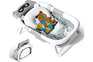 MYBOTA Baby Bath Tub Toddler Bath Tubs with Thermometer, Collapsible Bathtub Baby Essentials for Newborn Portable Travel Bath with Soft Cushion Seat Mat for Infant Grey Bear