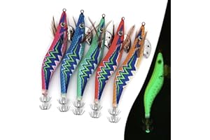 RTDHO Luminous Squid Jig lures for Sea Fishing, 5Pcs Squid Jig Hooks Hard Shrimp Fishing Lures Artificial Saltwater Fake Prawn Glow Bait for Octopus Cuttlefish