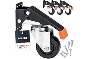 HMF 6750 Schwerlastrollen absenkbar für Werkbank | 4 Stück | 76 mm | bis 400 kg | Polyurethan, Schwarz