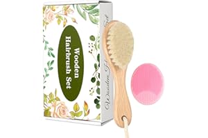 ROARGY Baby Holzbürste und Kamm Set, 2 Stück Natürliche Ziegenhaarbürste mit Wiegenkappe Kamm für Neugeborene Kleinkinder Neugeborene Jungen Mädchen (Rosa)
