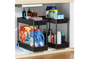 Cicilyna Organizer Sottolavello Cucina, Organizzatore Cucina, Scaffale Contenitori per Armadio Salvaspazio, Porta Detersivi, Organizer Dispensa per Lavandino e Bagno, 2 Pezzi - Nero