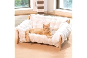CheerPals Erhöhtes Katzenbett aus Buchenholz, 70x47cm Großes Katzensofa, Katzenstuhl mit Abnehmbarem Waschbar Plüschdecke (Baumwoll-Füllung), Belastbar mit 15 kg, zum Schlafen für Alle Katze
