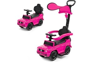 COSTWAY 3 en 1 Mercedes-Benz Porteur Enfant avec Poignée Détachable & Auvent Amovible, Voiture à Pousser Bébé avec Volant & Klaxon, Espace Caché & Repose-Pieds, Charge 25kg pour 1-3 Ans (Rose)