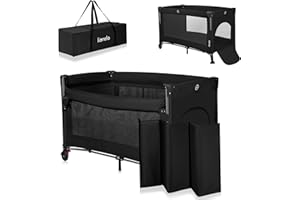 LIONELO ELLEN 3 en 1 Lit de Voyage de 0 à 3 ans, Cododo Pour Nouveau-nés et Enfants Plus Âgés jusqu'à 15 kg, 2 Hauteurs de Matelas, Sangles d'attache, Verrouillage Latéral, 2 Roues, Sac (Black)